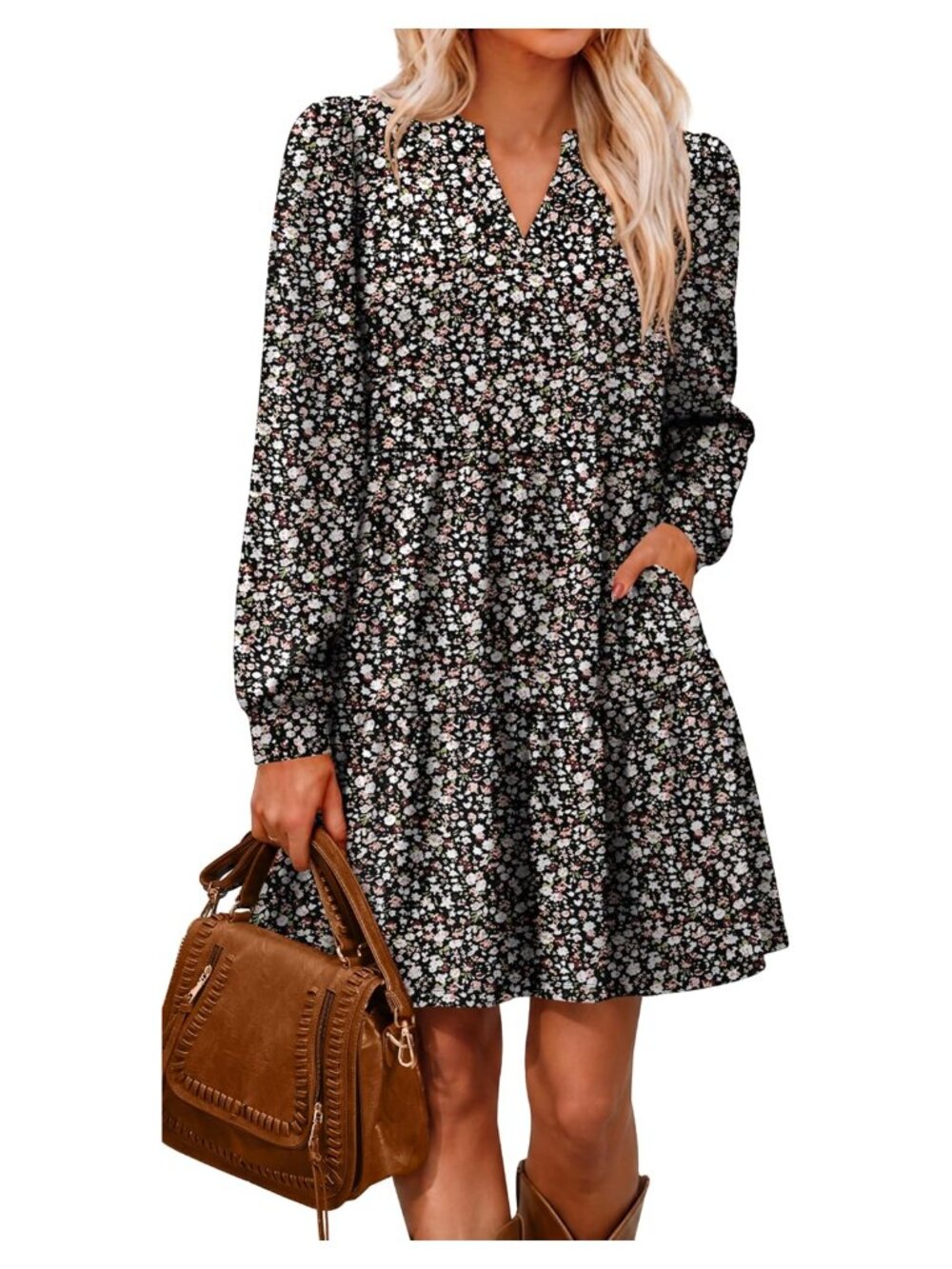 Women's V-Neck Long Sleeve Tiered Swing Dress with Pockets Floral